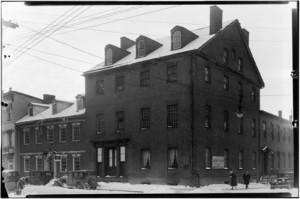 At left, the circa 1785 tavern. At right, the larger 1792 City Tavern (later called the City Hotel). The ballroom was originally located on the right half of the second-floor of the City Tavern. Photo, Library of Congress. 